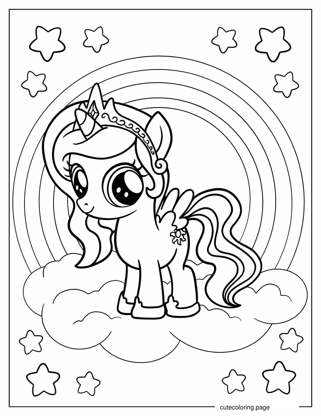 Cute Chibi Princess Celestia With Rainbow In The Background Coloring Sheet coloring page