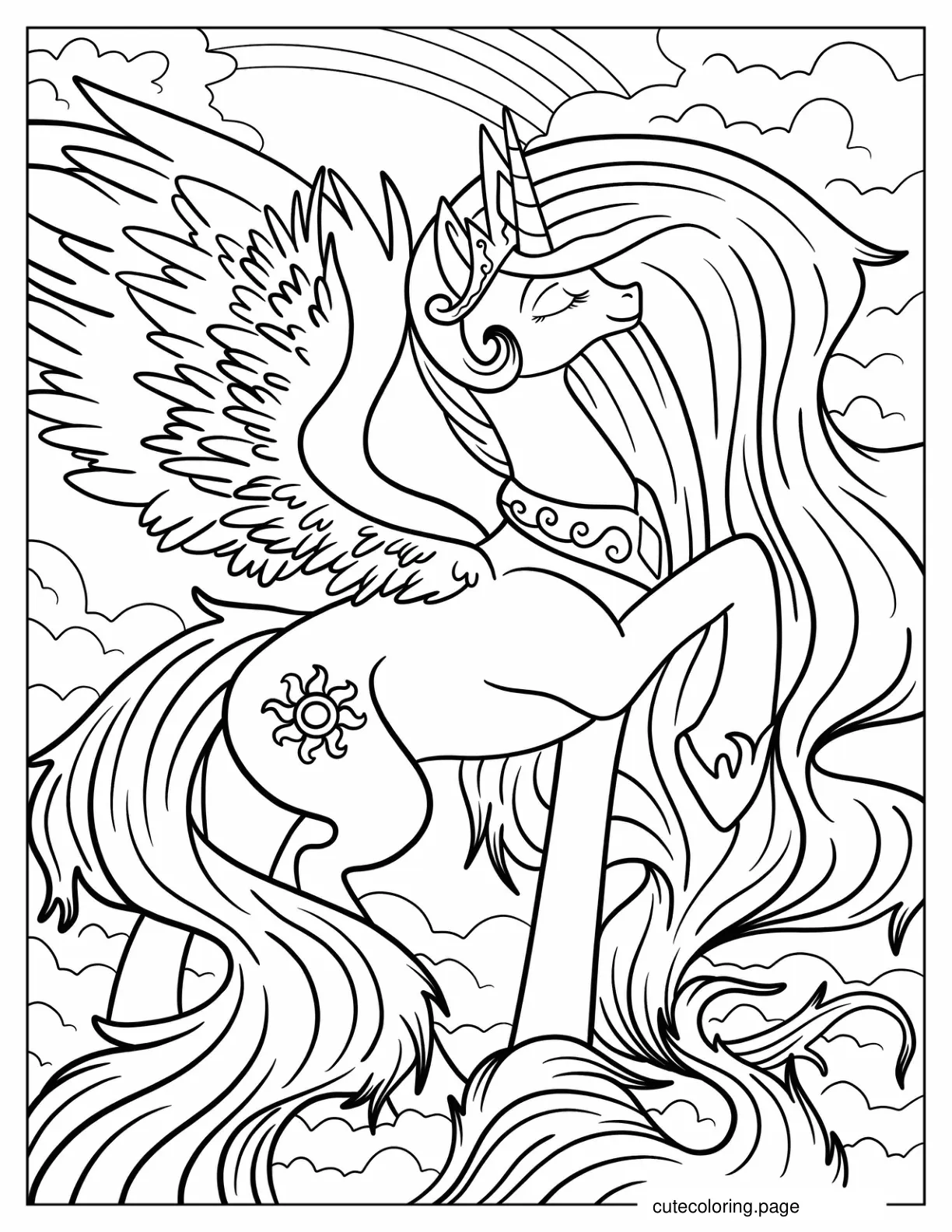 Majestic Princess Celestia Flying In The Clouds Coloring Page coloring page