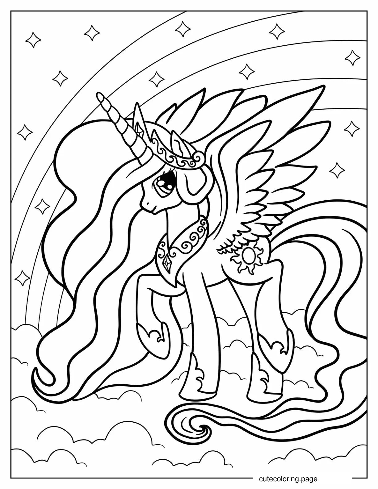 Pretty Princess Celestia Walking In The Clouds Coloring Page For Kids coloring page