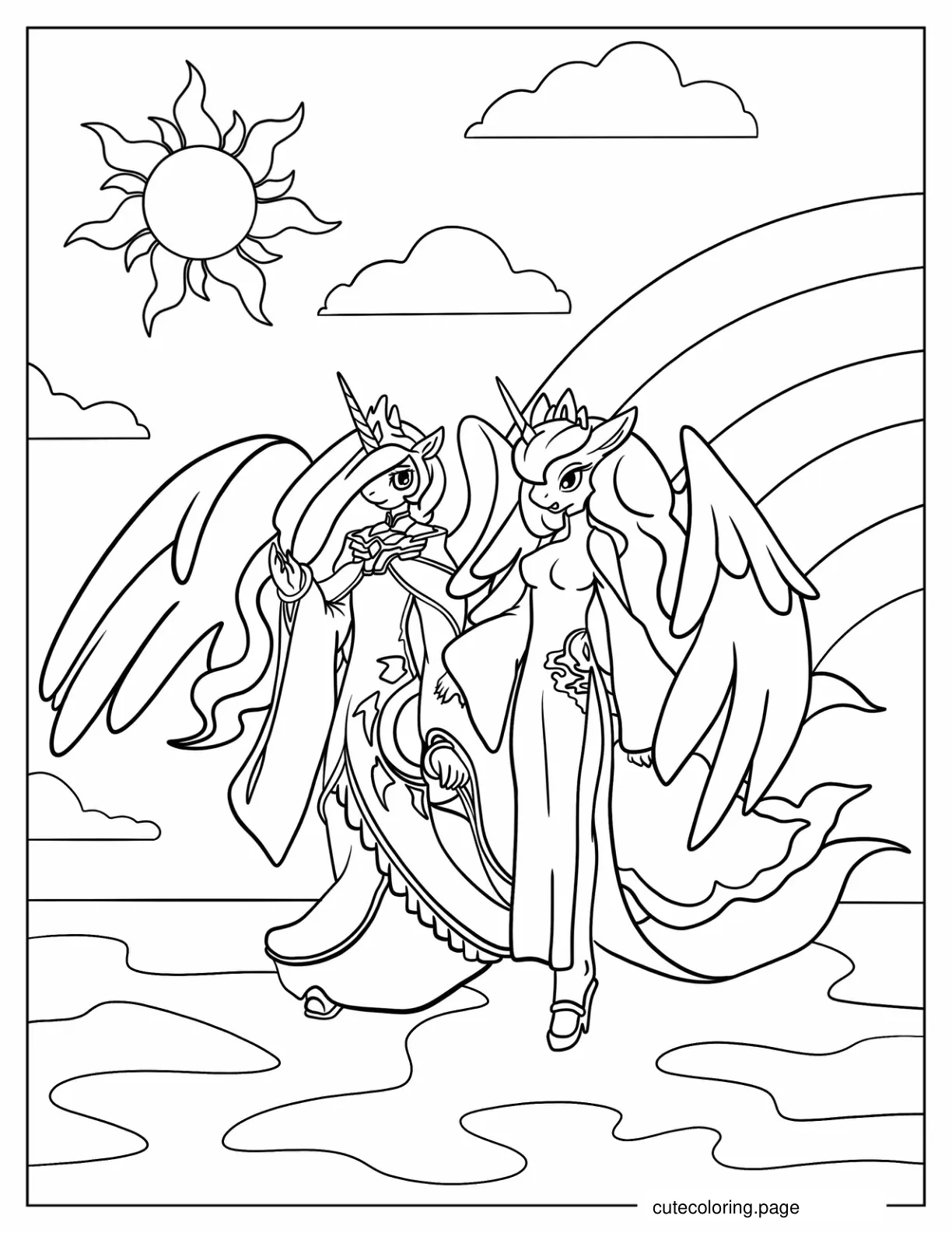 Princess Celestia And Princess Luna In Dresses Coloring Sheet coloring page