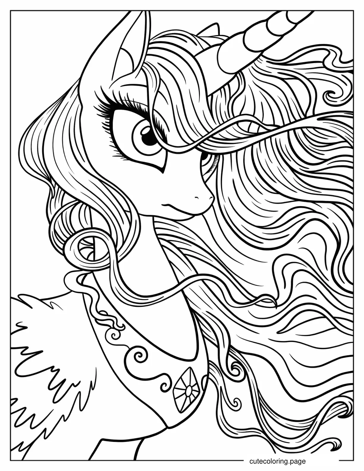 Princess Celestia Close Up With Detailed Main Coloring Sheet coloring page