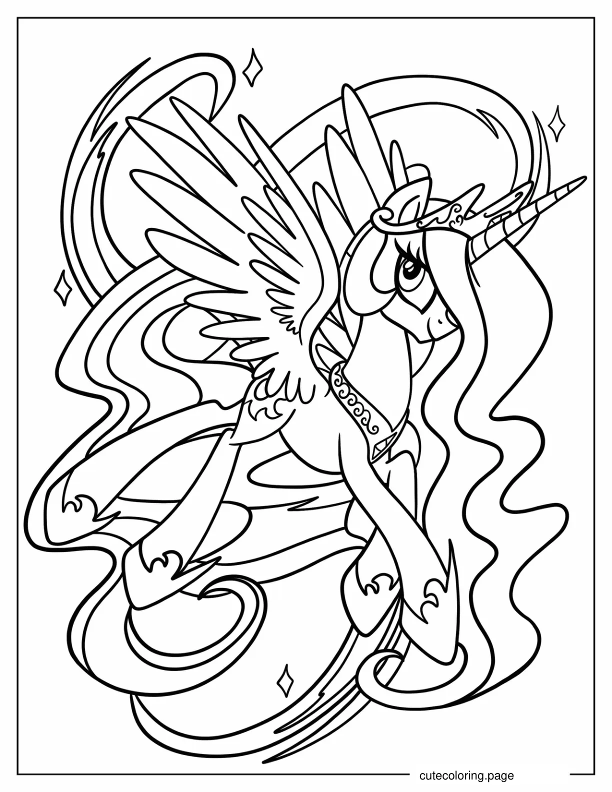 Princess Celestia Flying Coloring Page For Kids coloring page