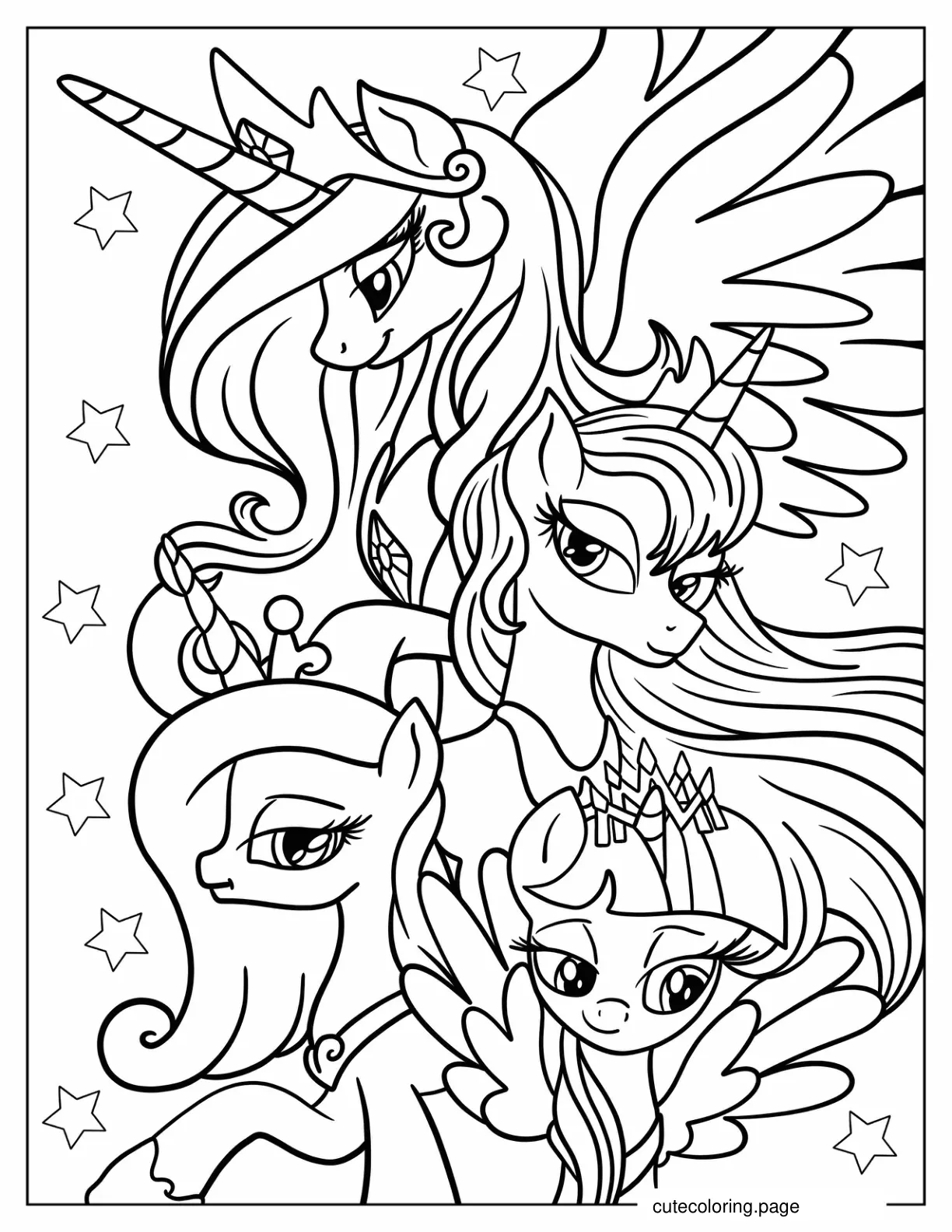 Princess Celestia Luna Cadence And Twilight Sparkle Coloring Page coloring page