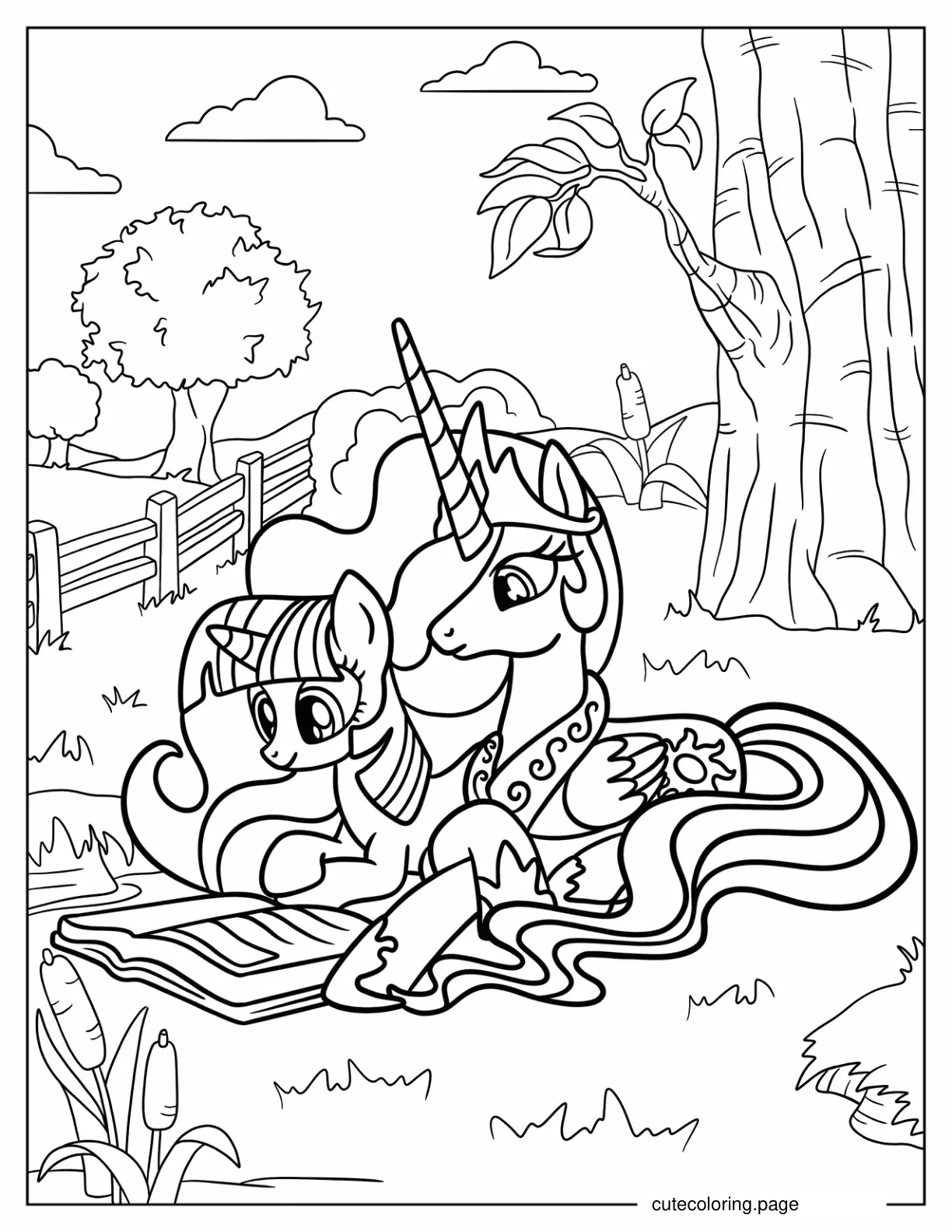 Princess Celestia Reading A Book With Twilight Sparkle coloring page