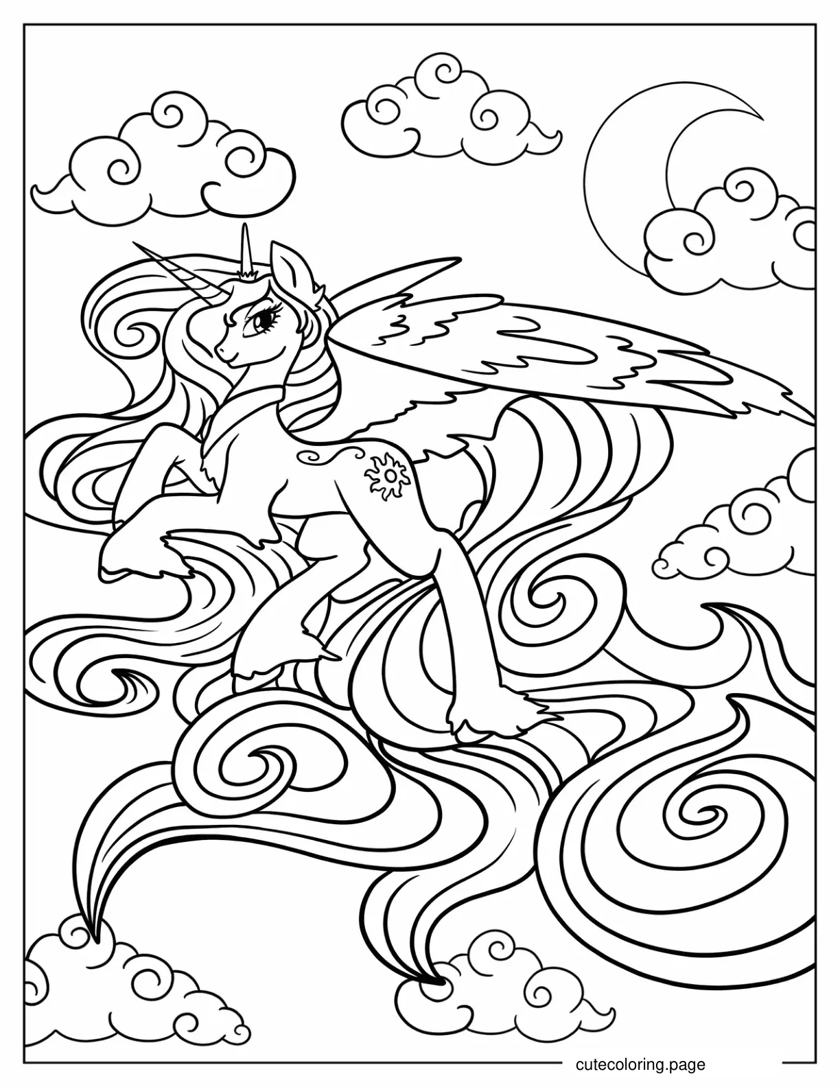 Princess Celestia With Flowing Mane In The Sky coloring page