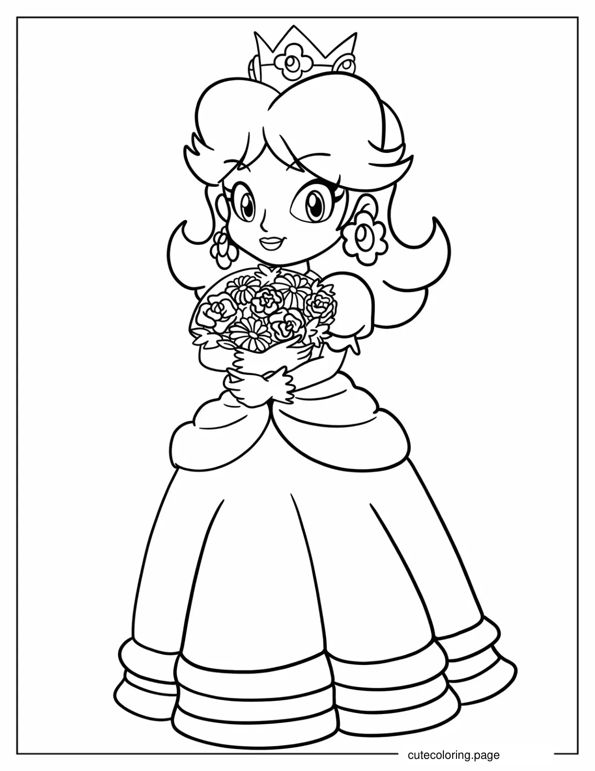 Cartoon Princess Daisy Holding Flower Bouquet Coloring Page coloring page