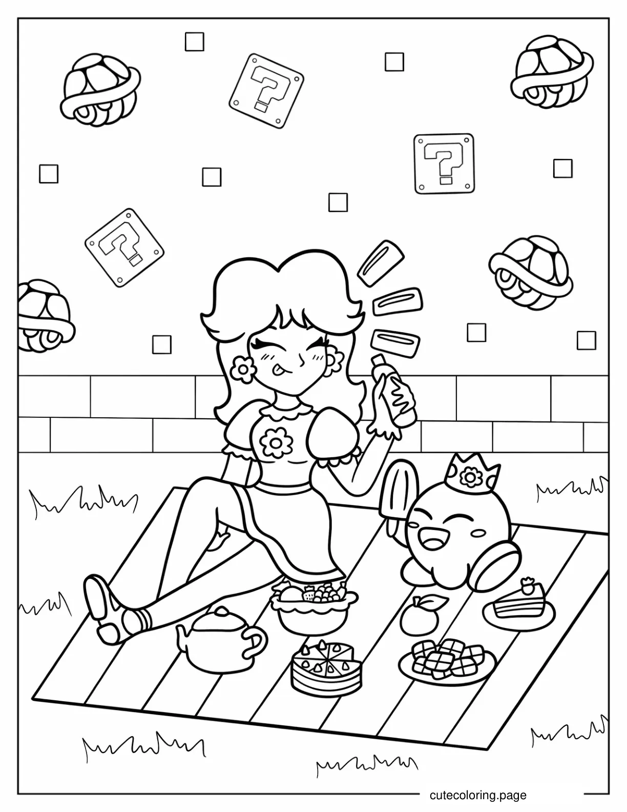 Cute Princess Daisy Having Picnic With Kirby Coloring Sheet coloring page