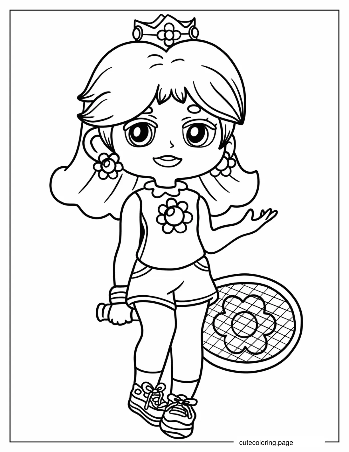 Kawaii Chibi Princess Daisy Holding Tennis Racket Coloring Page For Preschoolers coloring page