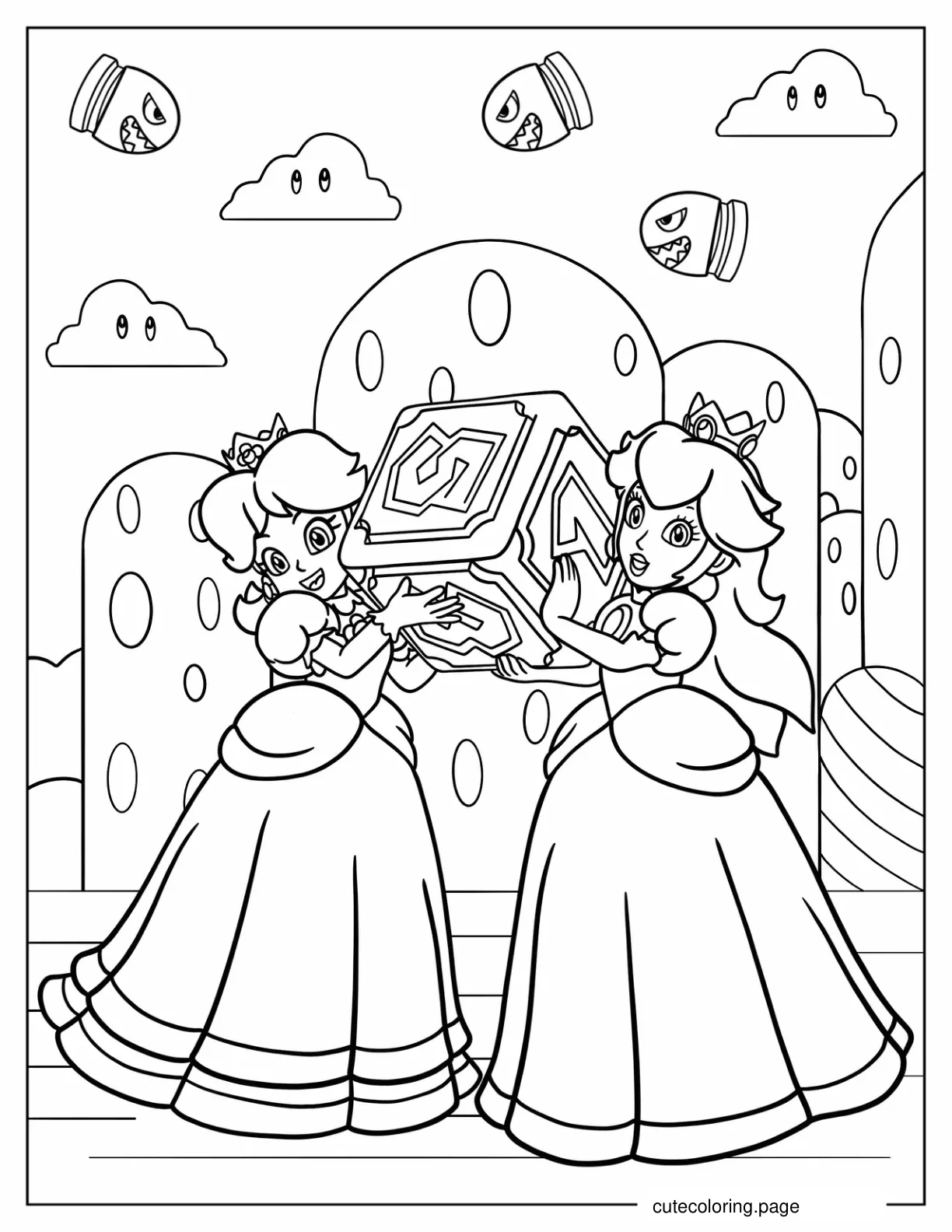 Princess Peach And Princess Daisy Carrying Block Coloring Sheet coloring page