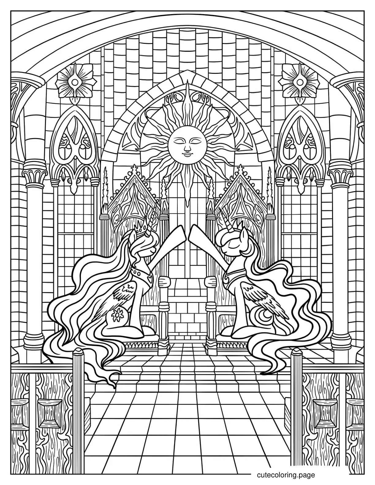 Detailed Princess Luna And Princess Celestia On The Throne coloring page