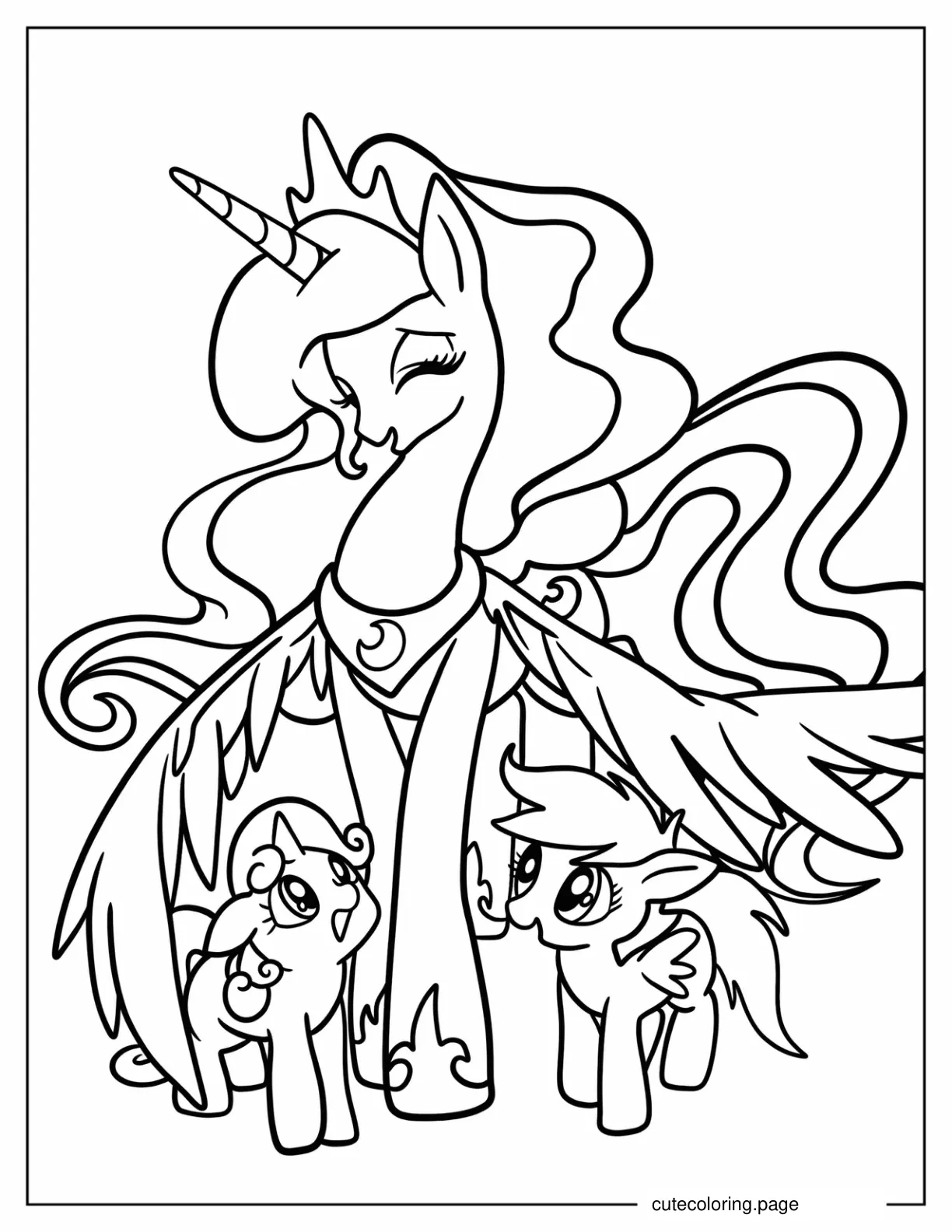 Easy Princess Luna With Sweetie Belle And Fluttershy Coloring Page For Kids coloring page