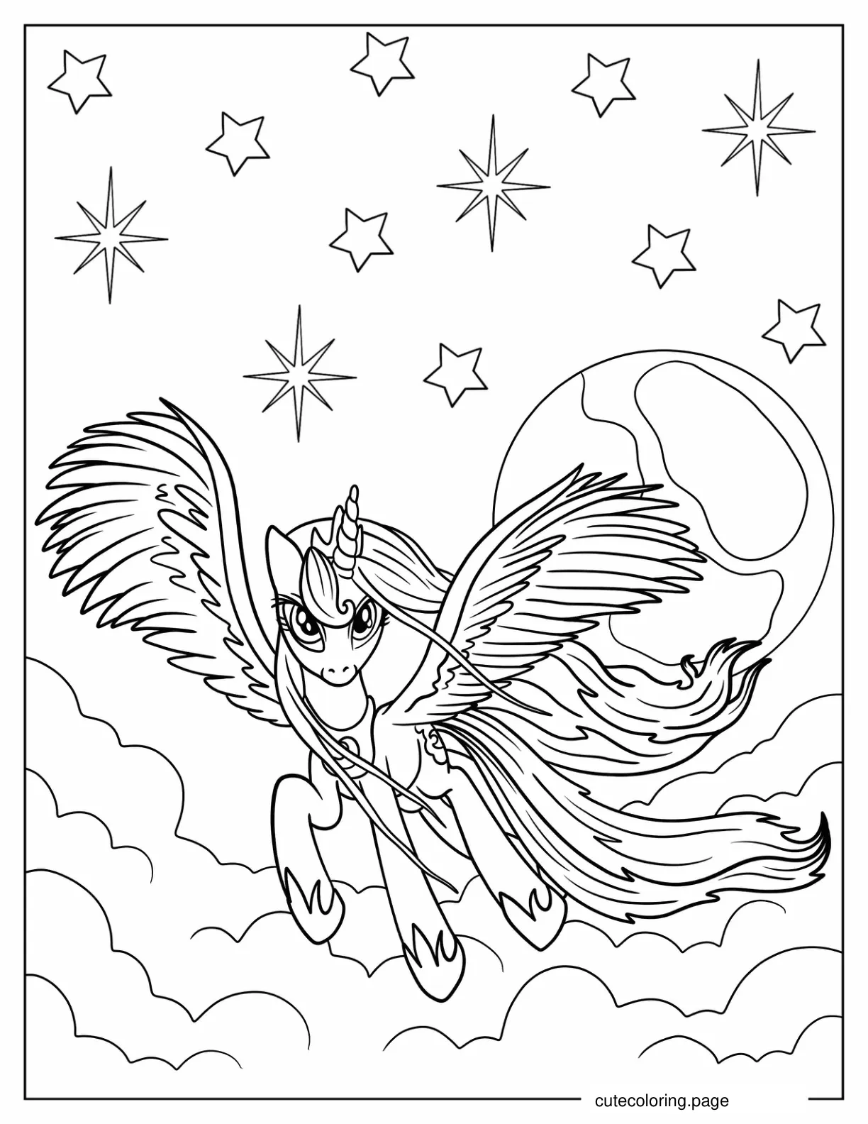 Princess Luna Flying In Front Of A Full Moon Coloring Sheet coloring page