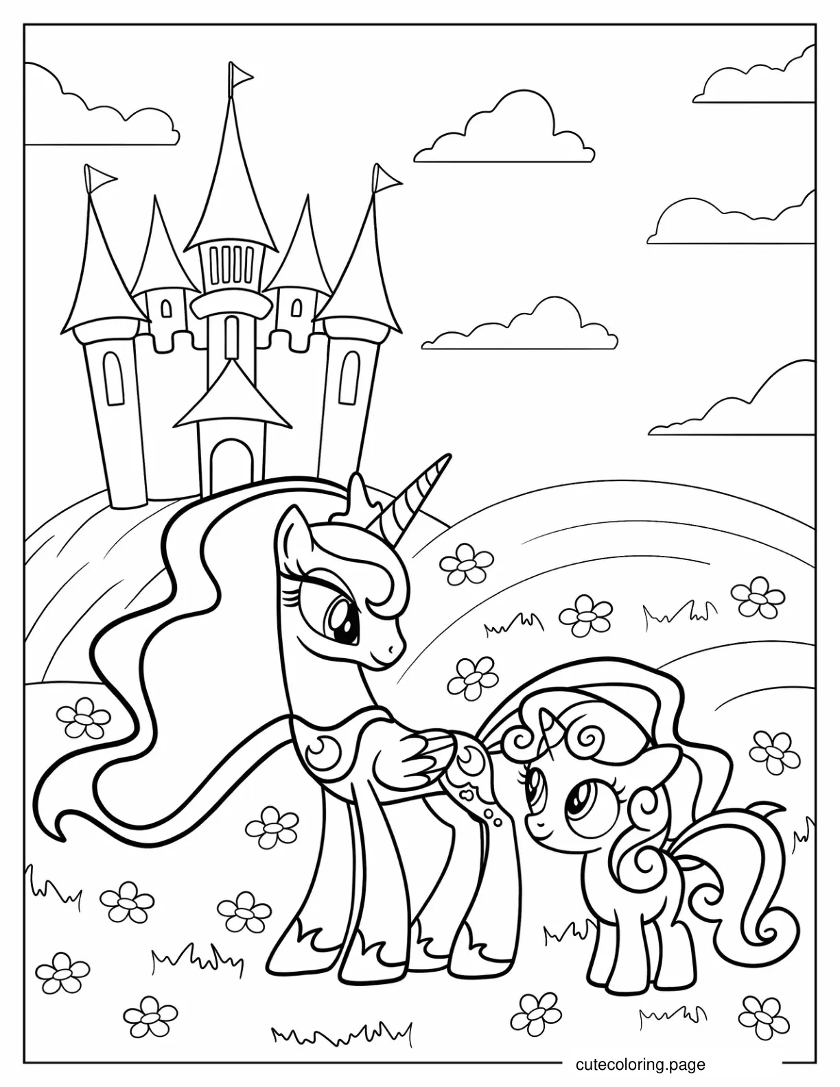 Princess Luna Standing With Sweetie Belle In Flower Field Coloring Sheet coloring page