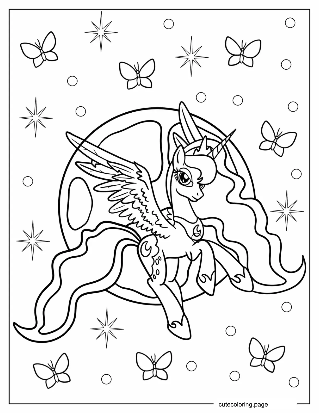 Princess Luna Surrounded By Stars And Butterflies Coloring Page coloring page