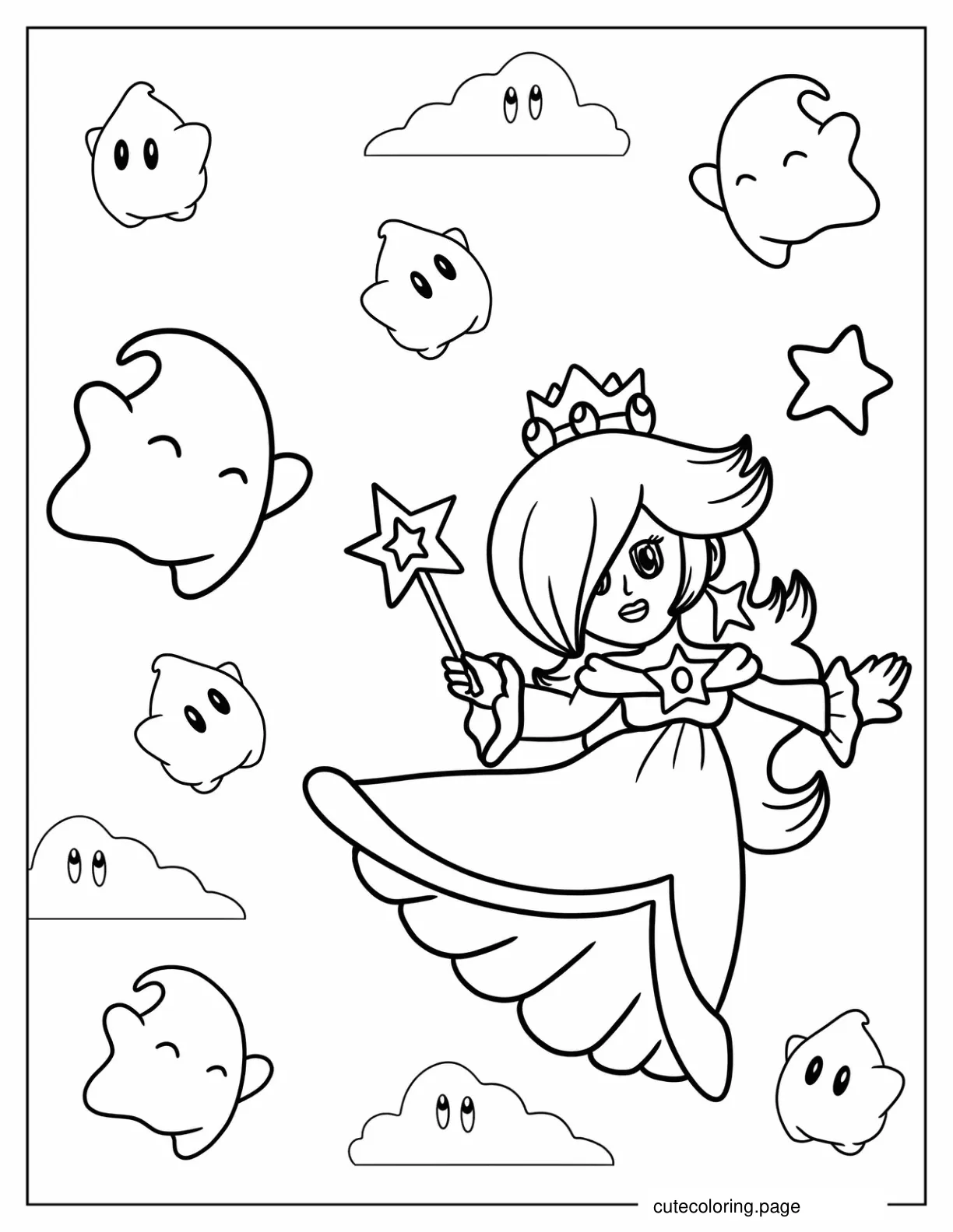 Chibi Princess Rosalina In The Sky With Lumas Coloring Sheet coloring page