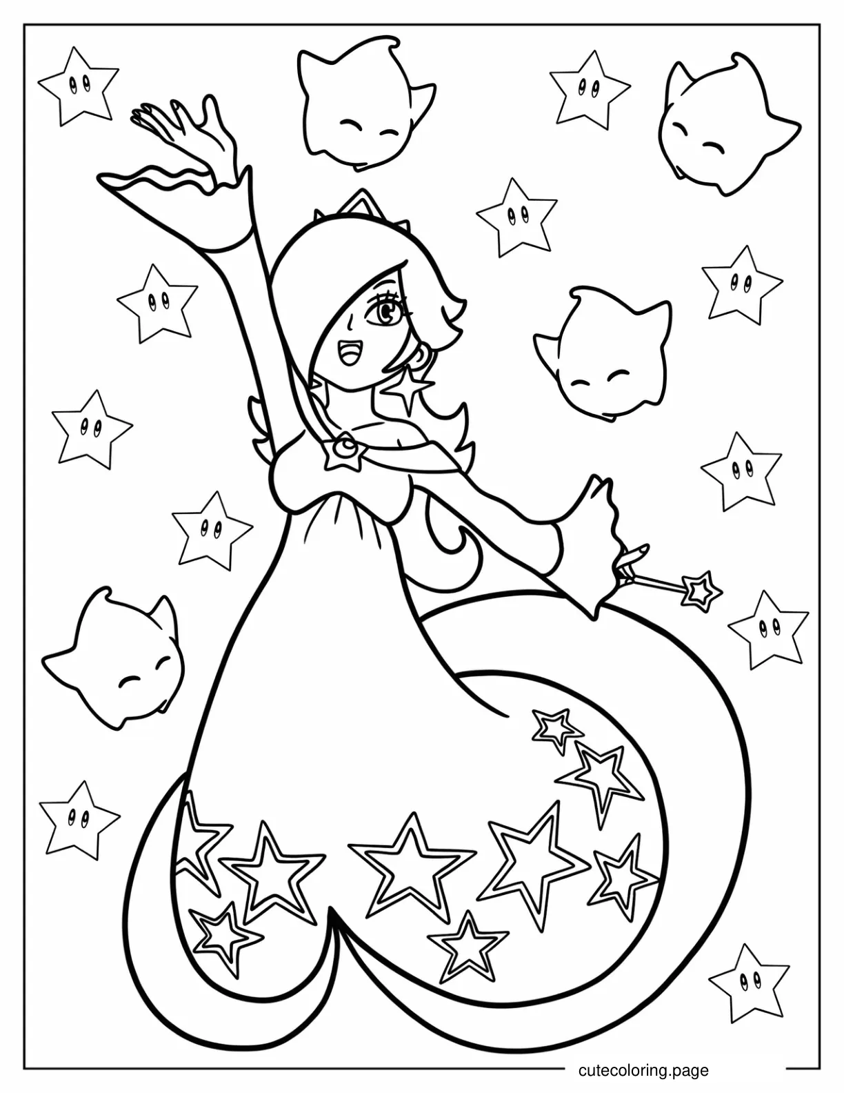 Easy Rosalina With Luma And Stars In Background Coloring Sheet coloring page