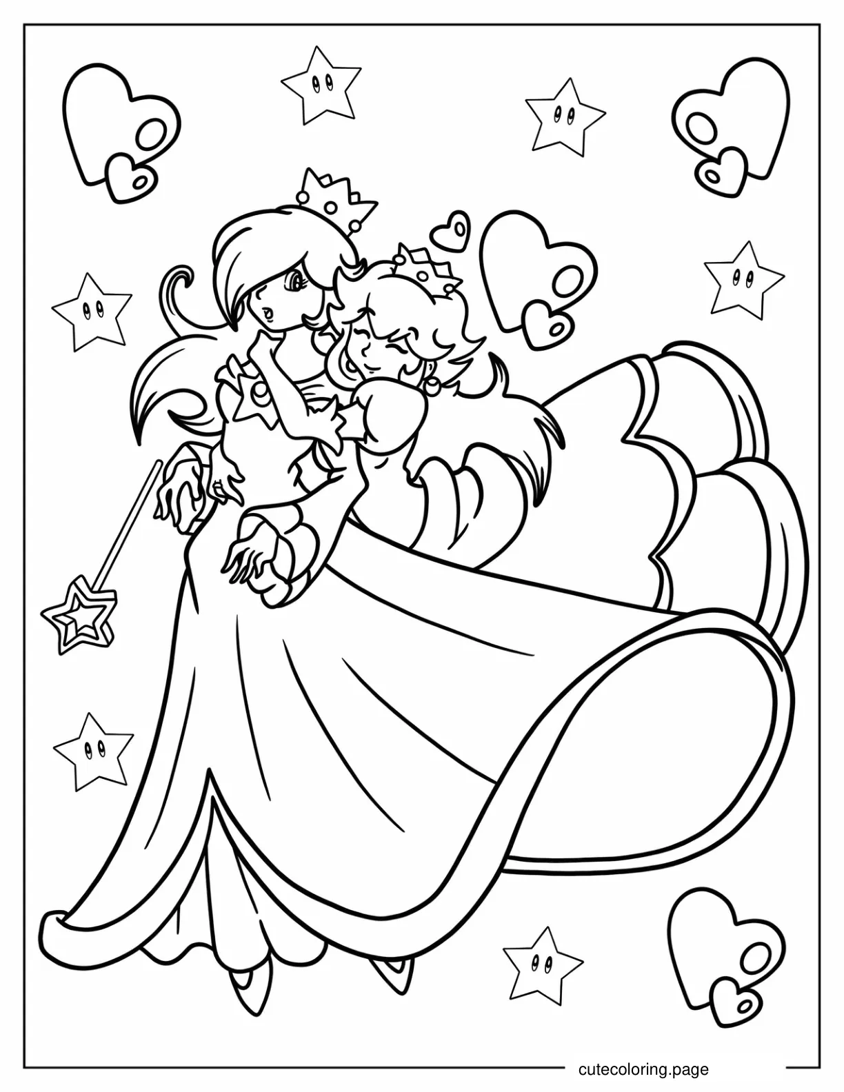 Princess Peach Hugging Princess Rosalina Coloring Sheet coloring page