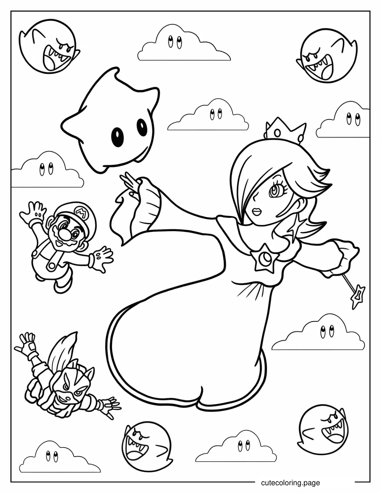 Rosalina Flying In The Sky With Luma Mario And Star Fox Coloring Sheet coloring page