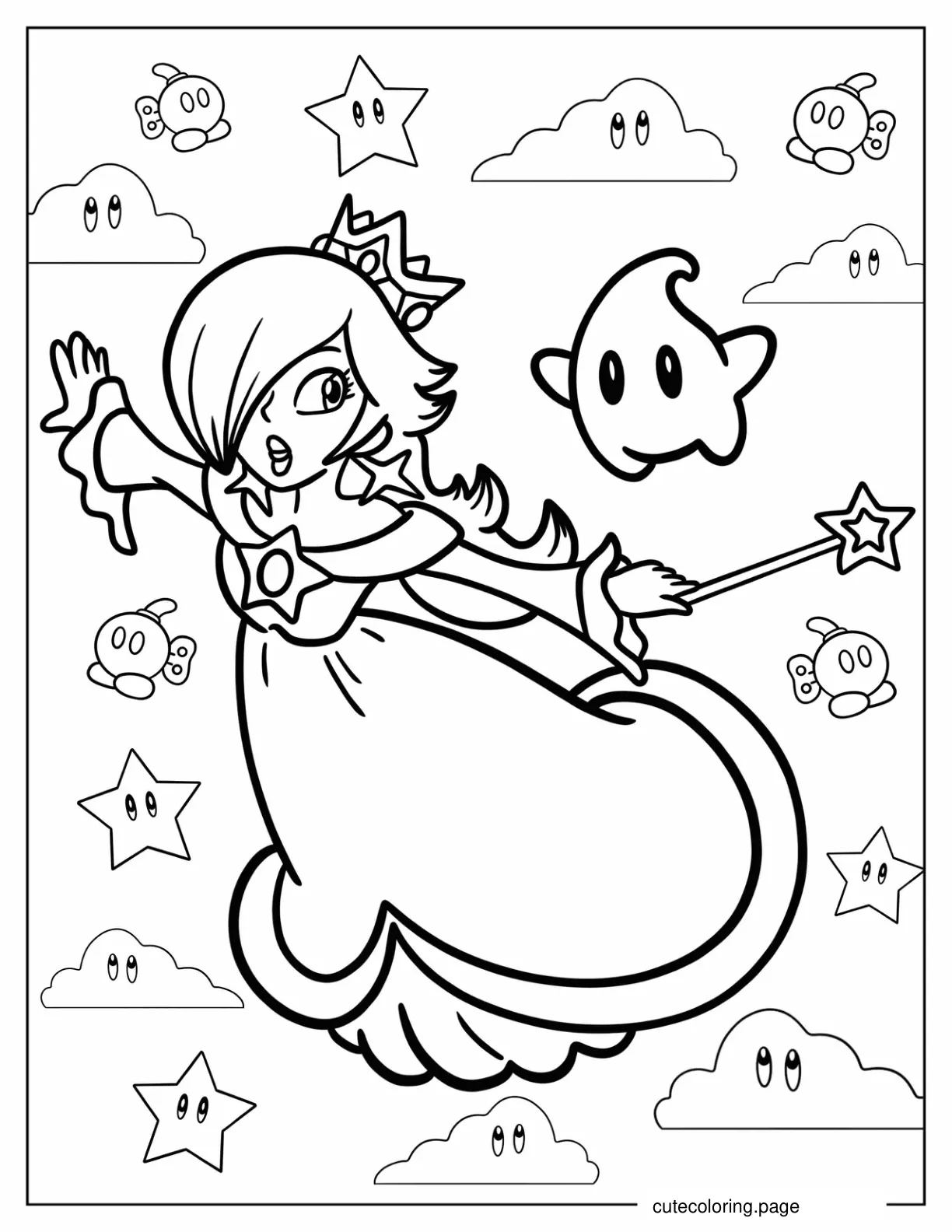 Rosalina Flying In The Sky With Luma coloring page