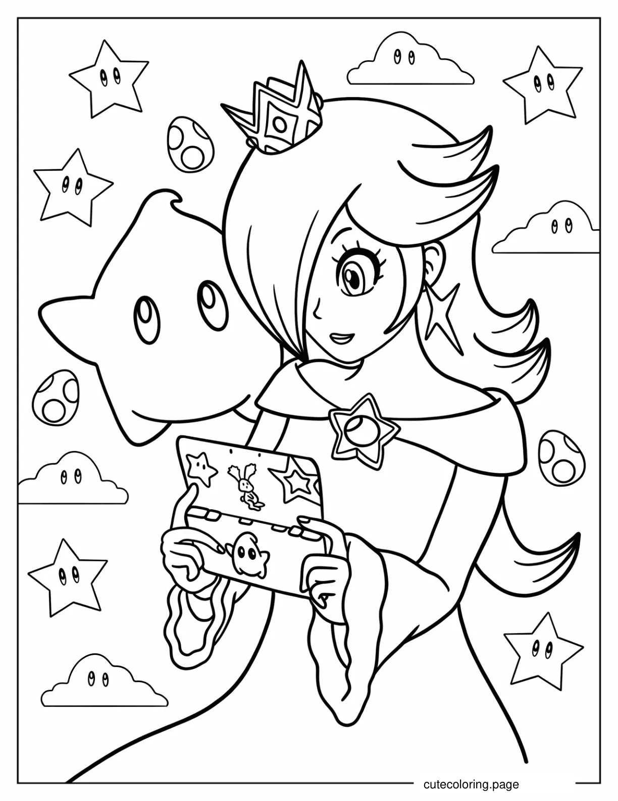 Rosalina Playing Video Game With Luma Watching Coloring Sheet coloring page