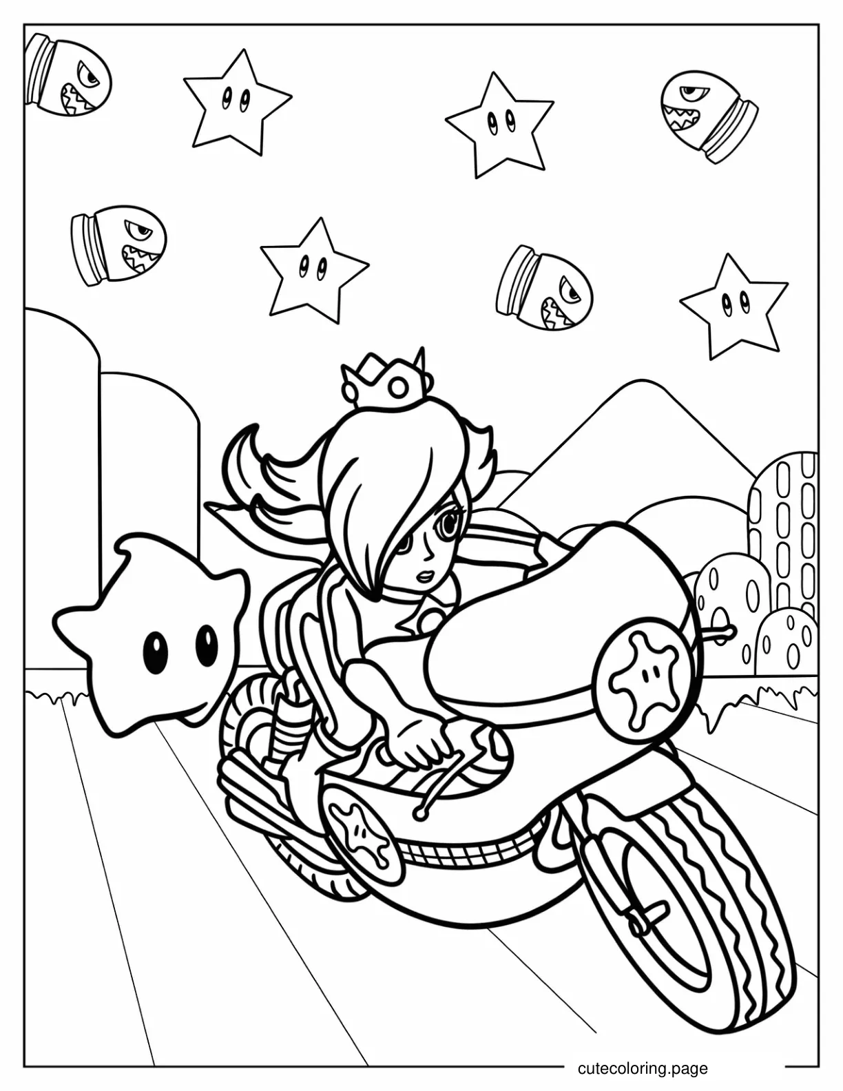 Rosalina Riding Bike With Luma In Mario Kart coloring page