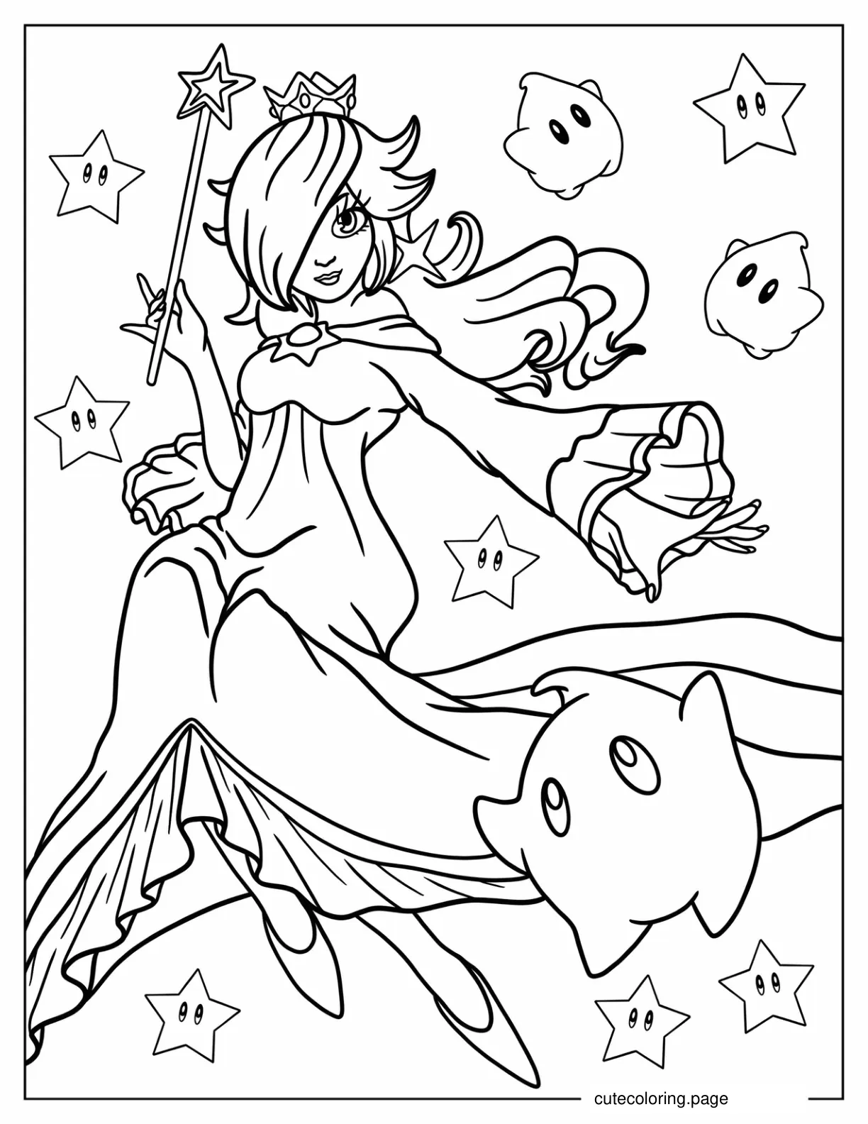 Rosalina Wearing Long Gown And Holding Wand With Luma coloring page