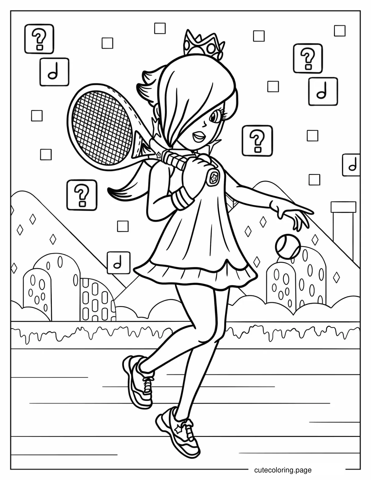 Rosalina With Tennis Racquet And Tennis Ball Coloring Page coloring page