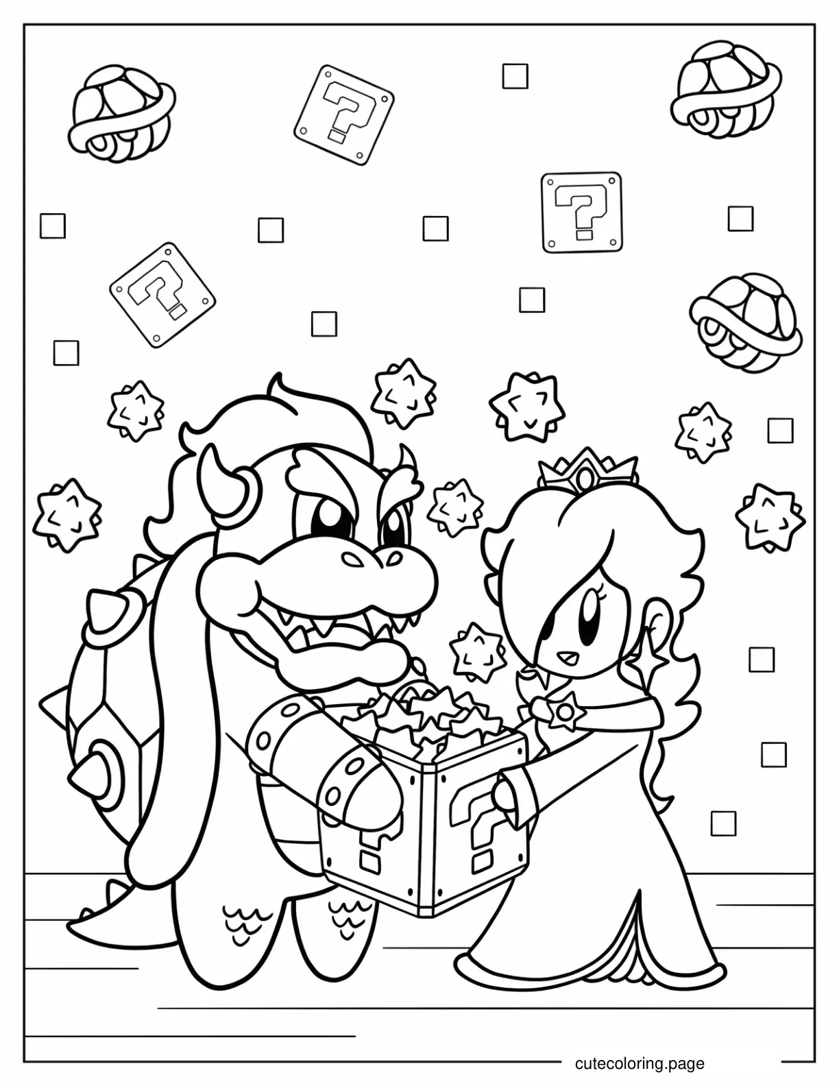 Simple Rosalina And Bowser Holding Question Mark Block coloring page